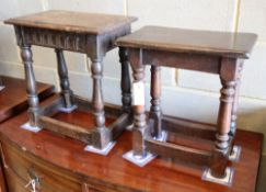 Two 18th century style oak joynt stools, larger W.43cm, D.25cm, H.45cm