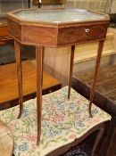 An Edwardian Sheraton style inlaid mahogany bijouterie table, c.1830, W.56cm, D.40cm, H.