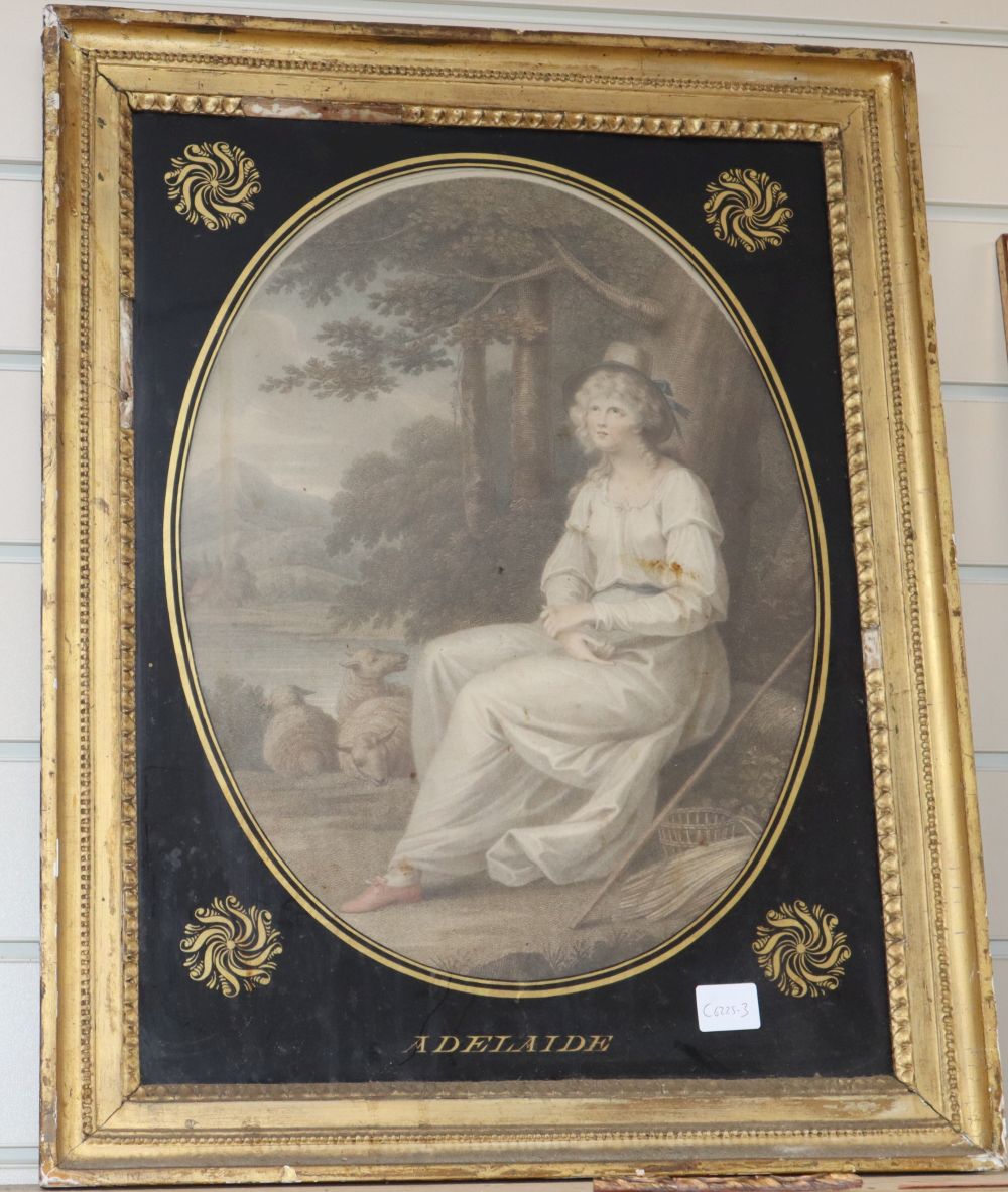 An eglomise framed coloured mezzotint; 'Adelaide', overall 50 x 37cm
