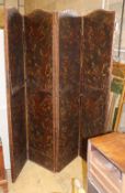 A Dutch leather four fold screen, c.1860, each panel 49cm x 203cmCONDITION: Each panel is split