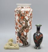 A Chinese vase, a cloisonne dragon vase and a hardstone carving, tallest 31cm