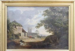 19th century English School, oil on panel, Landscape with house and church, 21.5 x 30.5cm