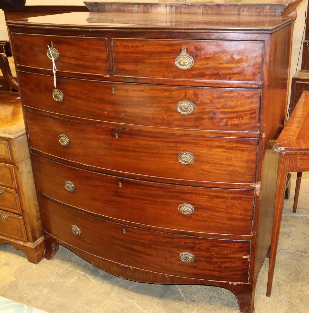 A Regency mahogany bowfront chest, W.114cm, D.58cm, H.123cmCONDITION: The top is water marked,