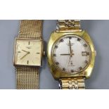 A 9ct gold Longines manual wind square dial wrist watch, on a 9ct Longines bracelet(a.f.) gross 51.5