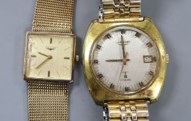 A 9ct gold Longines manual wind square dial wrist watch, on a 9ct Longines bracelet(a.f.) gross 51.5