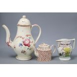 A late 18th century Leeds type creamware coffee pot and cover, an enamelled teapot and cover and a