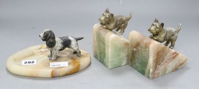 A cold cast bronze model of a spaniel on onyx ashtray, height 9cm and a pair of Scottish Terrier