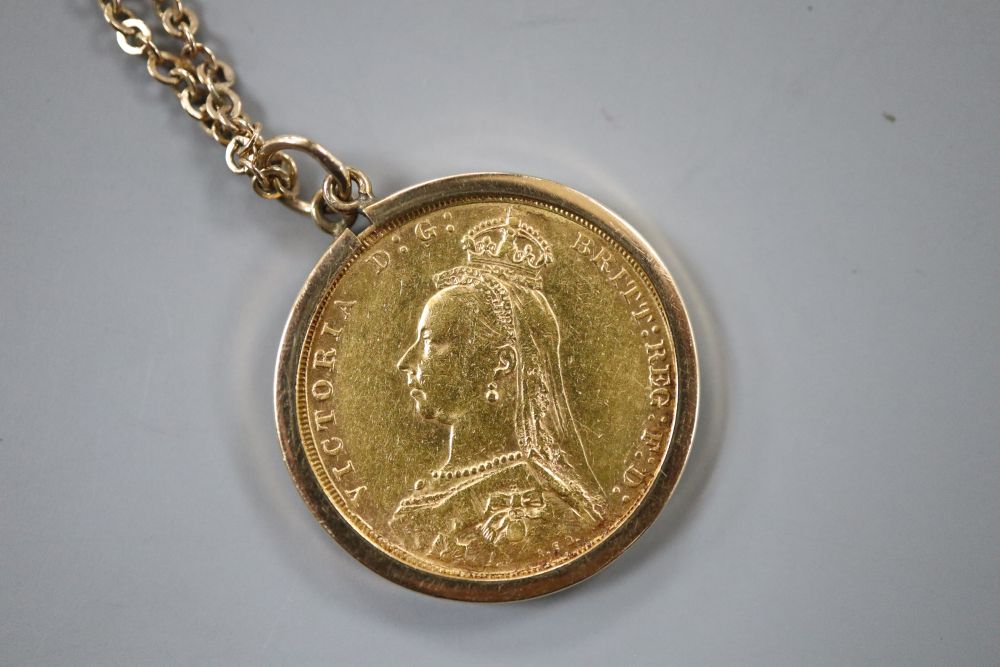 An 1888 gold full sovereign pendant in 9ct gold mount, with 9ct chain, gross 12.9 grams. - Image 2 of 2