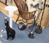 Two 70's lamps and a cat table lamp and white lamp