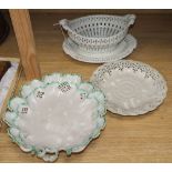 An English 18th century creamware chestnut dish and stand and a serpentine dish (4)