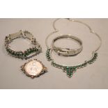 A Mexican 925 and malachite necklace and matching bracelet, a white metal bangle and coin set