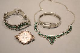 A Mexican 925 and malachite necklace and matching bracelet, a white metal bangle and coin set