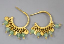 A pair of Indian? yellow metal and green hardstone bead half hoop drop earrings, 28mm, gross 8.4