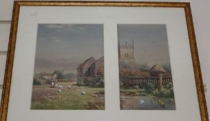 Arthur White (1865-1953), two watercolours, Church and duck pond, signed, 25 x 36cm overall