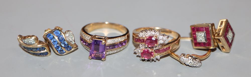 A modern 14k, ruby and diamond set dress ring, size M, gross 5 grams, an 18ct and small diamond