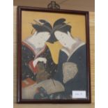 A reproduction of a woodblock print in an Asian hardwood frame, aperture 30.5 x 24cm.