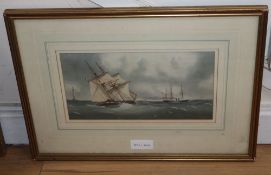 C.H. Lewis, watercolour, Shipping and lighthouse at sea, signed, 16.5 x 30.5cm