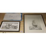 Rowland Langmaid, etching, The Cutty Sark, signed in pencil, 30 x 20cm and sundry unframed prints