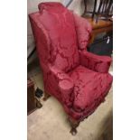 A George I style upholstered walnut wing armchair, W.82cm, D.75cm, H.114cm