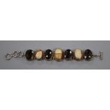 A white metal, oval smoky quartz and oval hardstone set bracelet, approx. 20.5cm, gross 81.5 grams.