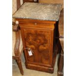 A 19th century French burr walnut marble topped pot cupboard, W.39cm, D.33cm, H.74cm