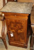 A 19th century French burr walnut marble topped pot cupboard, W.39cm, D.33cm, H.74cm