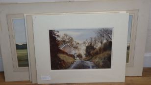 R. H. Bolton, watercolour, Napton, Warwickshire, signed, 28 x 61cm, and four other watercolours, all