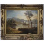 19th century English School, oil on canvas, Scottish loch scene with castle on an island, 68 x 88cm