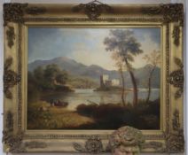 19th century English School, oil on canvas, Scottish loch scene with castle on an island, 68 x 88cm