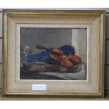 20th century Continental School, oil on board, Still life of a violin, 20 x 25cm