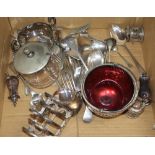 Assorted plated flatware including a sugar basket, a toastrack, condiments etc.
