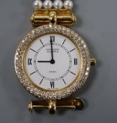 A lady's 18ct gold, seed pearl and diamond set Van Cleef and Arpels quartz bracelet watch, 17.5cm,