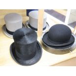 Five men's hats, including a bowler by Lock & Co, a folding top hat by Tress & Co (boxed) and