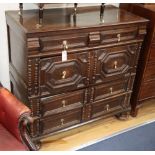 A 17th / 18th century geometric moulded oak two part chest, W.98cm, D.49cm, H.97cm