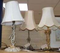 Three gilt metal table lamps with shades