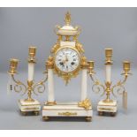 A 19th century French gilt metal and white marble clock garniture, overall height 40.5cm