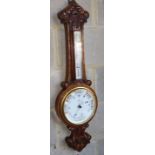 A Victorian carved oak aneroid banjo barometer / thermometer marked Bamber, Preston, H.86cm