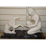 An Art Deco white marble model of a nude with a dog, after Chiparus, width 62cm height 42cm (a.f.)