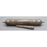 A 20th century Indian white metal scroll case, 40.4cm and an Indian white metal parasol handle,