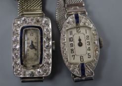 Two mid 20th century white metal (stamped platinum), synthetic? sapphire and diamond set cocktail