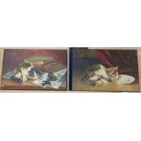 French School, pair of oils on canvas, Cats with spilt ink and an insect, c.1860, 31 x 49cm,