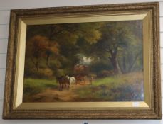 Late 19th century English School, oil on canvas, Harvest cart on a wooded lane, monogrammed JH, 50 x