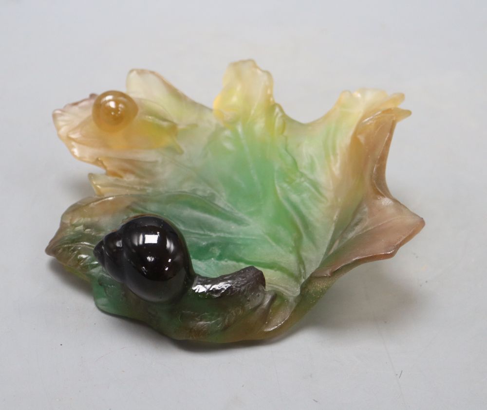 A Daum pate de verre snail and leaf frosted glass tray, length 18cm