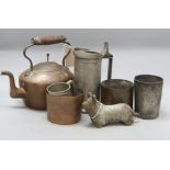 A bronze model of a Scottish terrier, a copper kettle and sundry pewter, etc