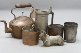 A bronze model of a Scottish terrier, a copper kettle and sundry pewter, etc