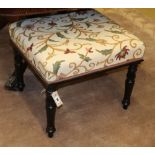 A mid Victorian ebonised dressing stool with upholstered seat, W.56cm, D.50cm, H.46cm