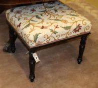 A mid Victorian ebonised dressing stool with upholstered seat, W.56cm, D.50cm, H.46cm