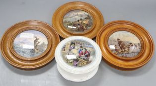 Three Prattware pot lids in oak frames and another Prattware pot