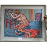 Modern British, oil on board, Seated female nude, 38 x 50cm