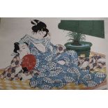 A later copy of a Japanese print by Eisen, of a reclining couple, 28 x 40cm, unframed